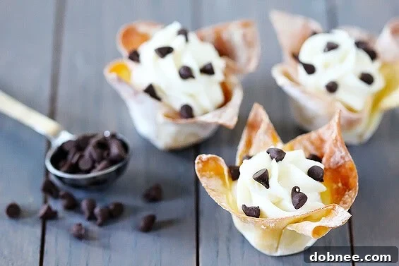Several Cannoli Cups arranged on a serving plate, dusted with powdered sugar.
