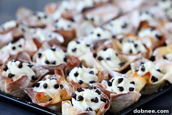 A full plate of ready-to-serve Cannoli Cups, beautifully dusted with powdered sugar.