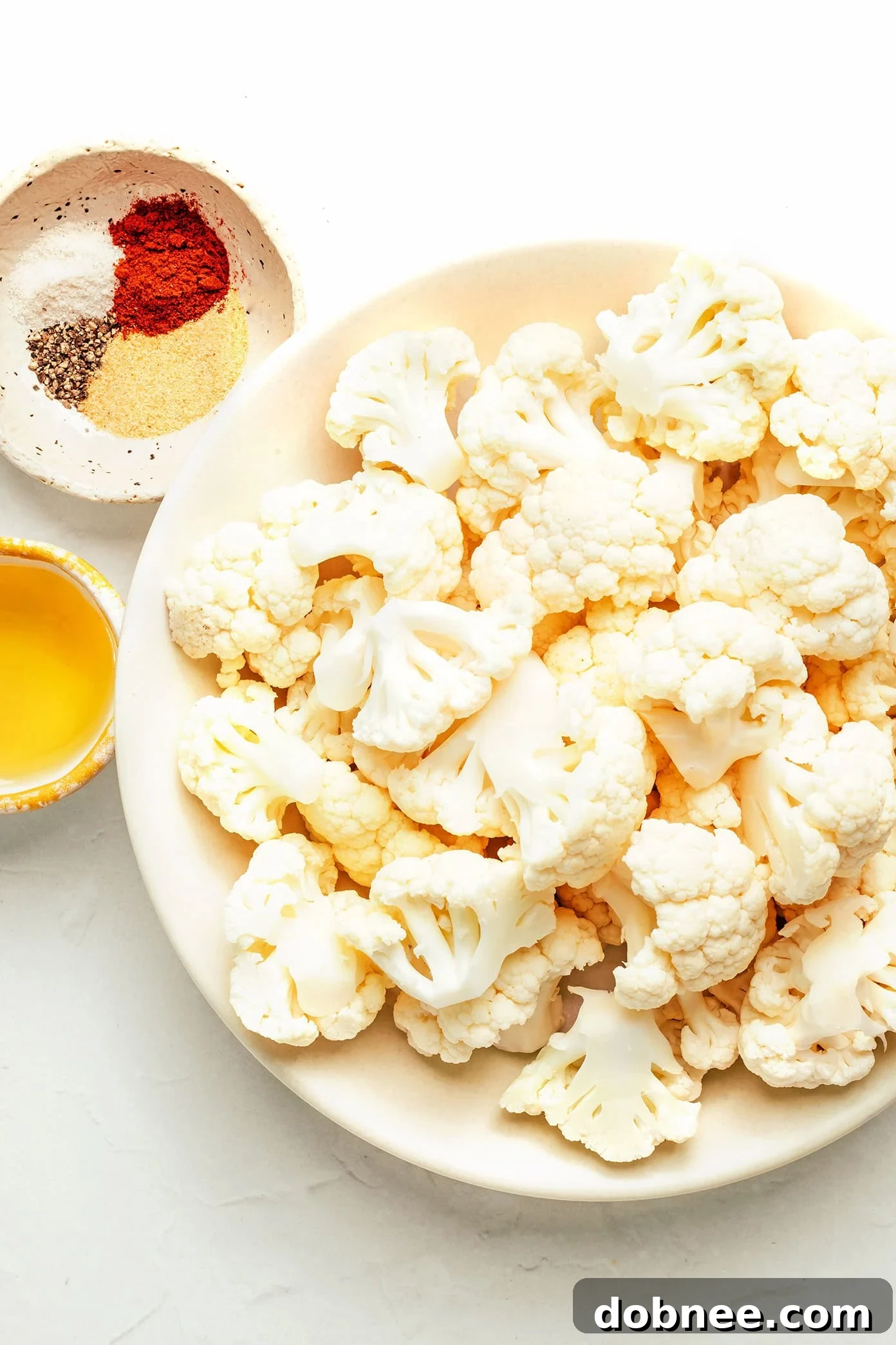 Crispy air fryer cauliflower served in a white bowl with fresh parsley.
