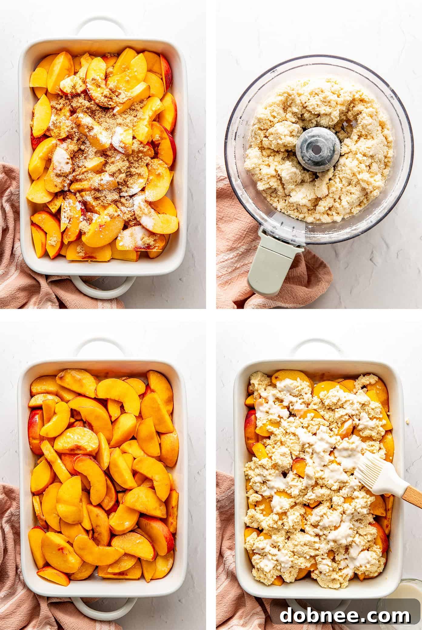 Step-by-step photos showing the process of making homemade peach cobbler, from combining ingredients to assembling.