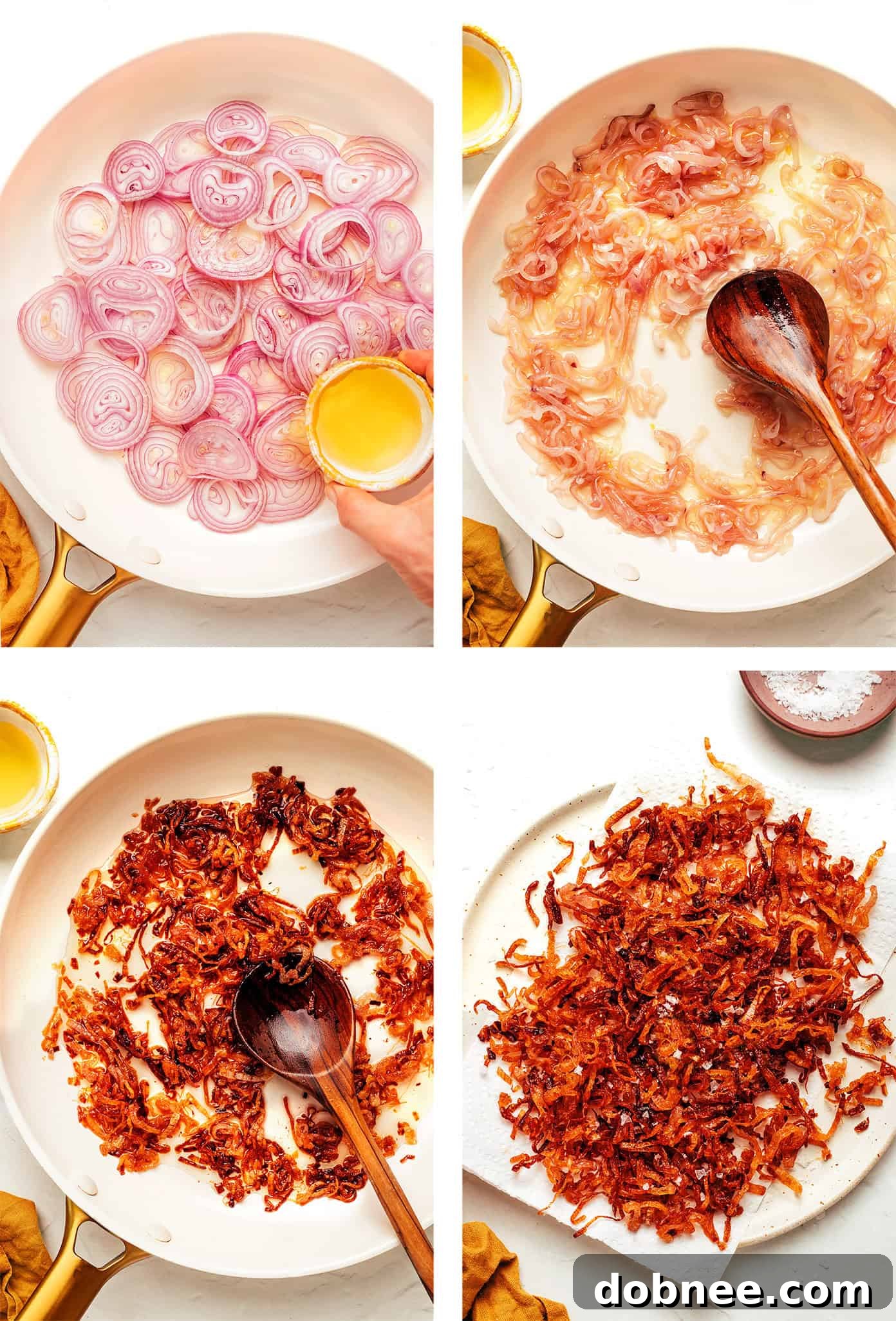 A close-up of golden crispy fried shallots on a white plate, ready to be seasoned with flaky sea salt.