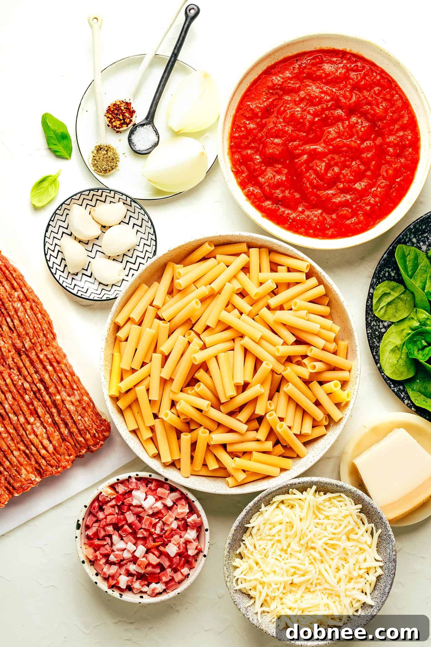 Baked Ziti baking in a dish, showing bubbling sauce and melted cheese