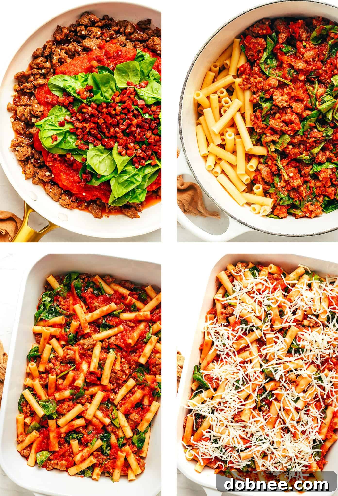 Close-up of baked ziti in the baking dish, showing melted cheese