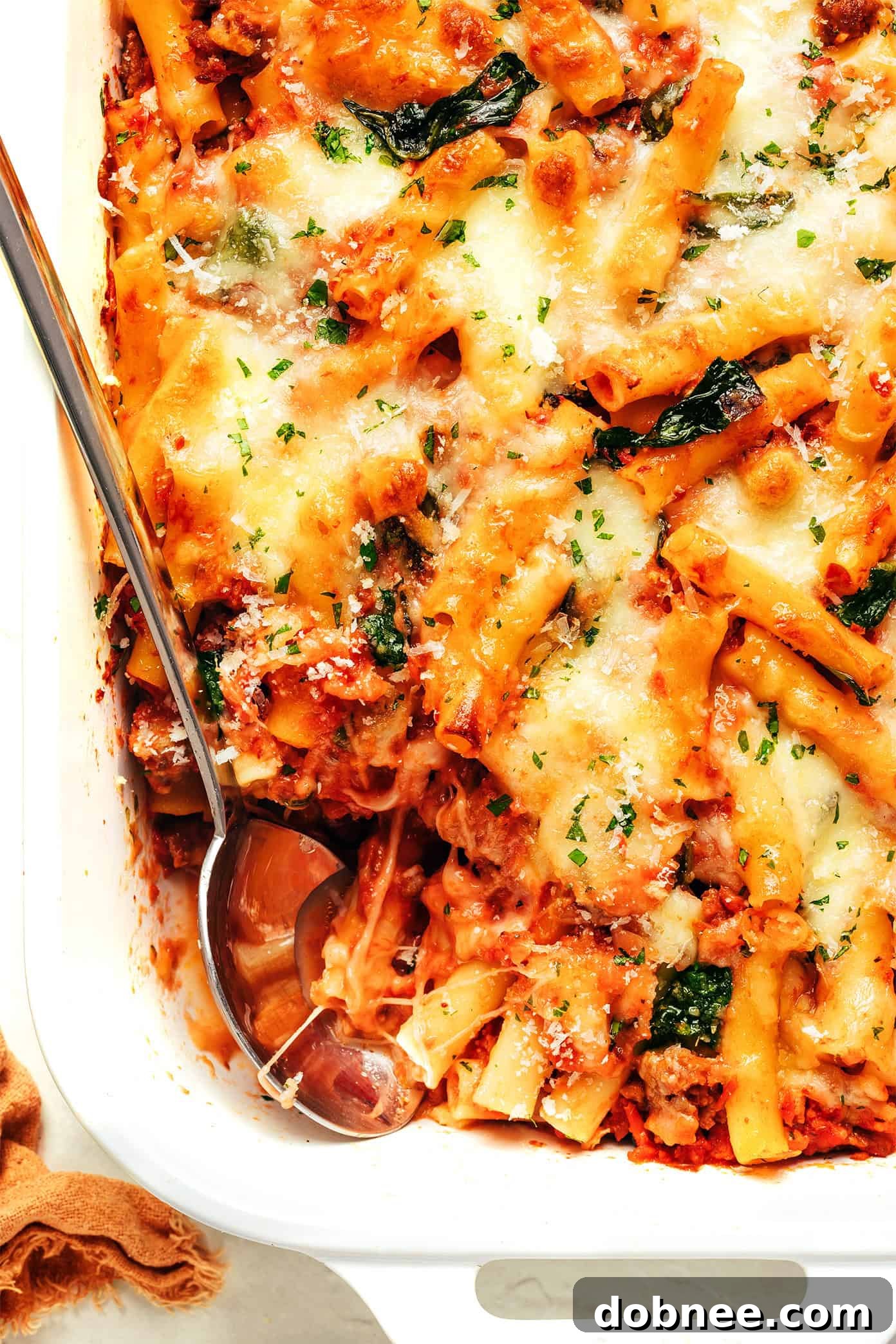 Baked Ziti with fresh herbs sprinkled on top