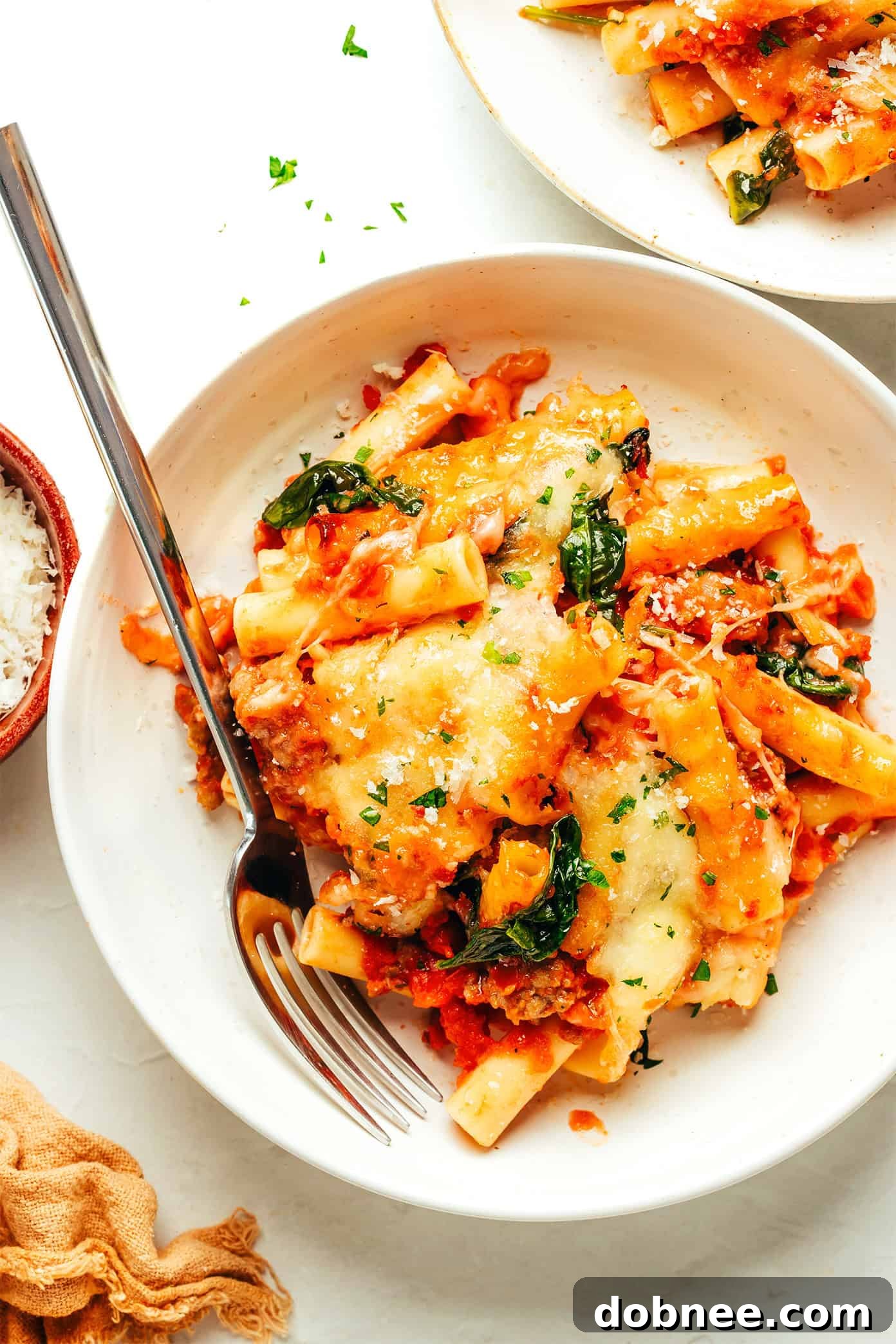 A large serving of Baked Ziti on a plate