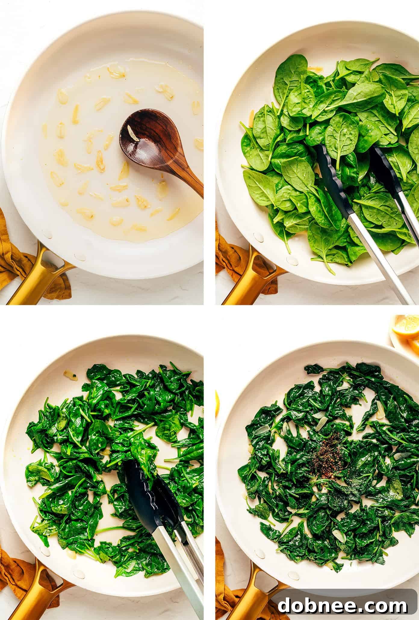 Freshly sautéed spinach in a pan with sliced garlic, ready to be served
