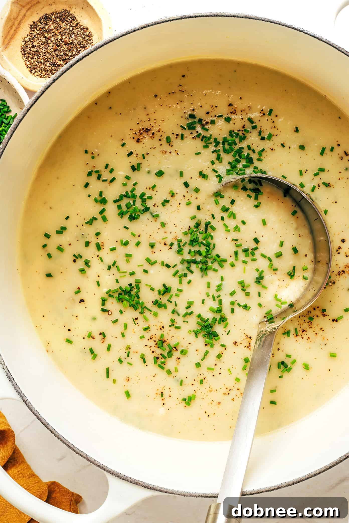 A bowl of creamy potato leek soup garnished with fresh chives.