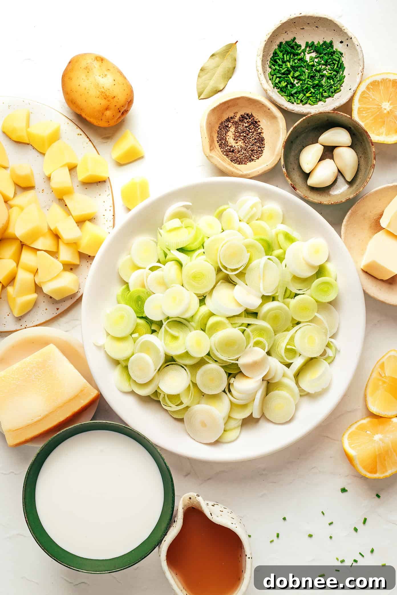 Close-up of leeks being cleaned for potato leek soup.