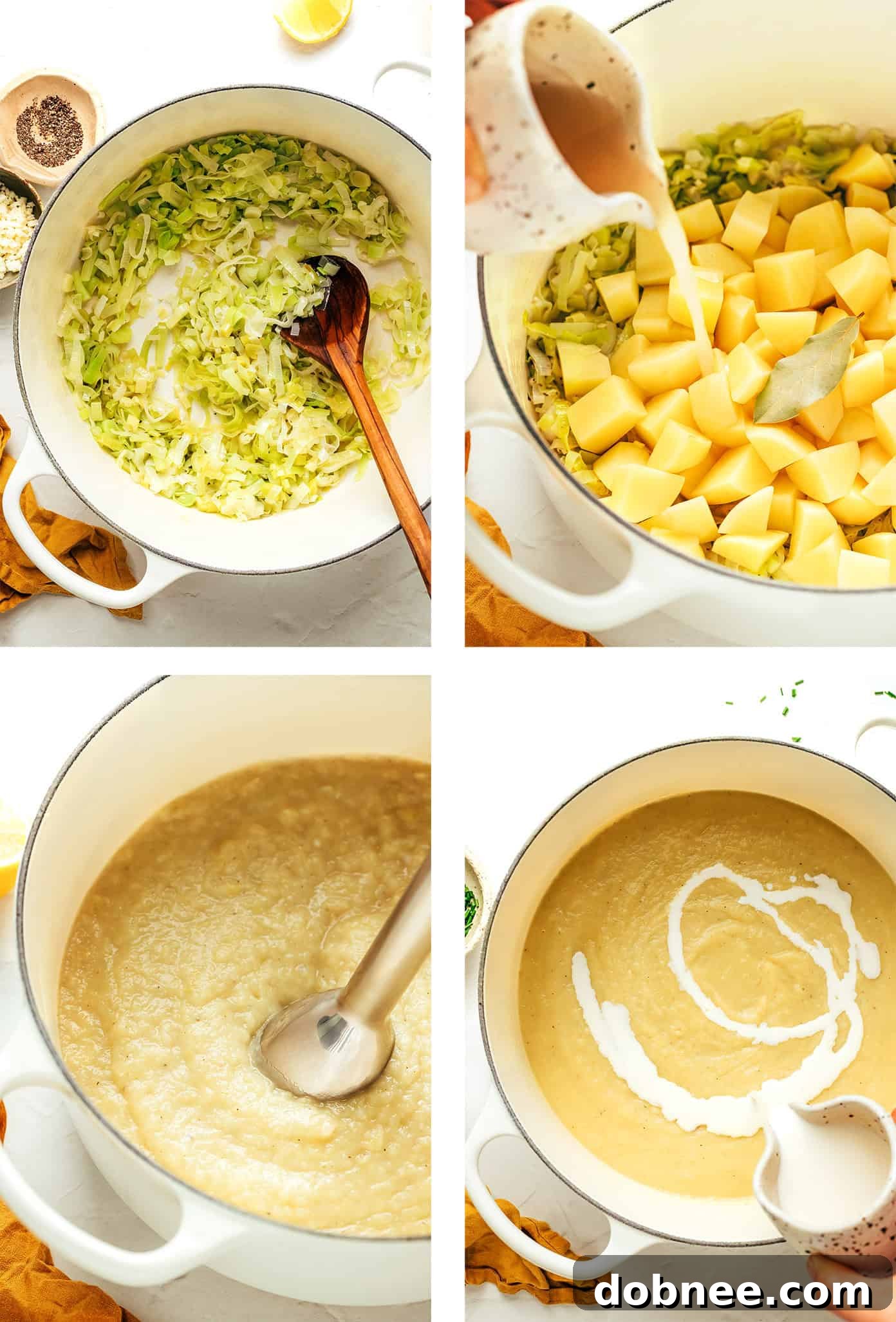 A bowl of creamy potato leek soup topped with fresh herbs and a spoon.