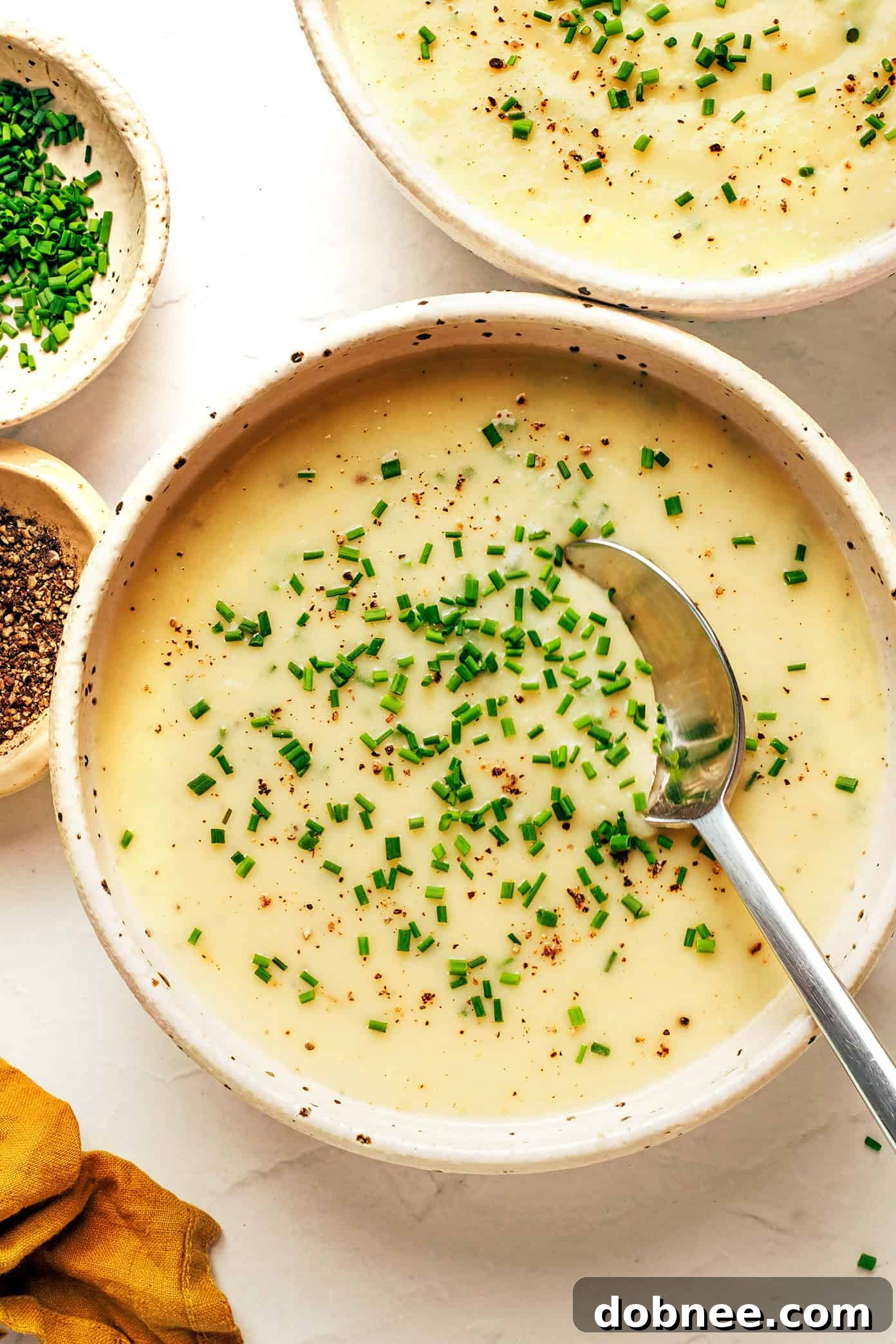 A final close-up shot of the creamy potato leek soup in a bowl.
