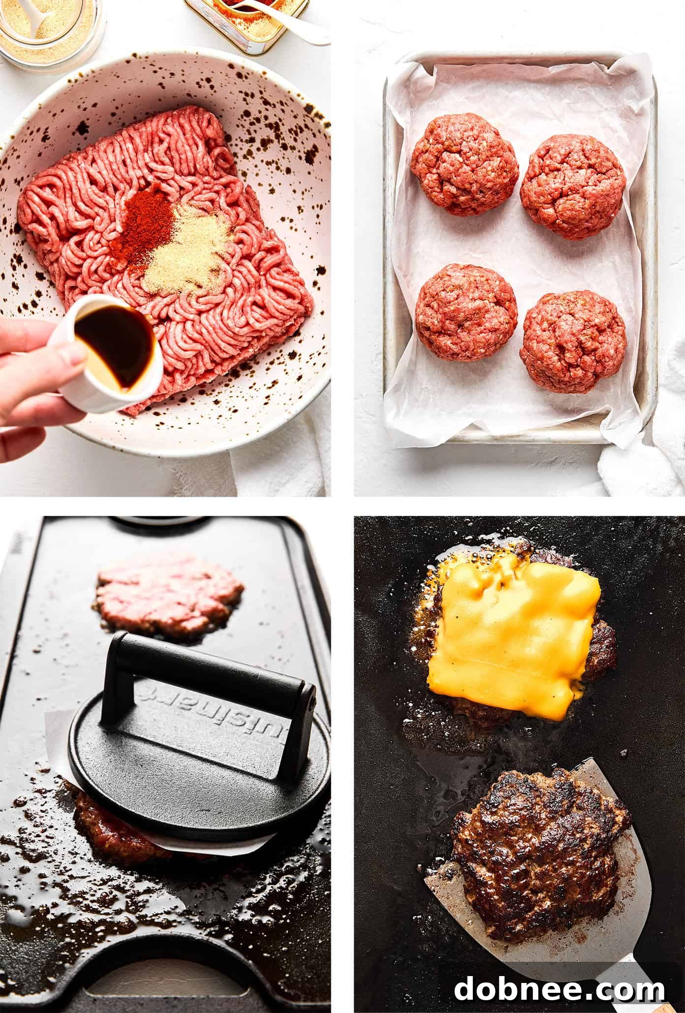Illustrative image showing the steps to make a smash burger, from forming a ball to smashing and flipping
