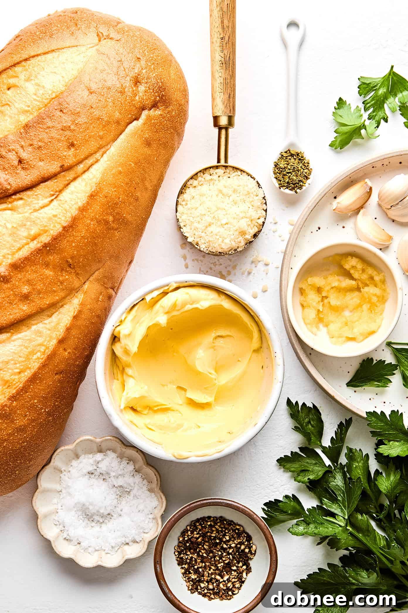Garlic bread slices arranged on a wooden board.