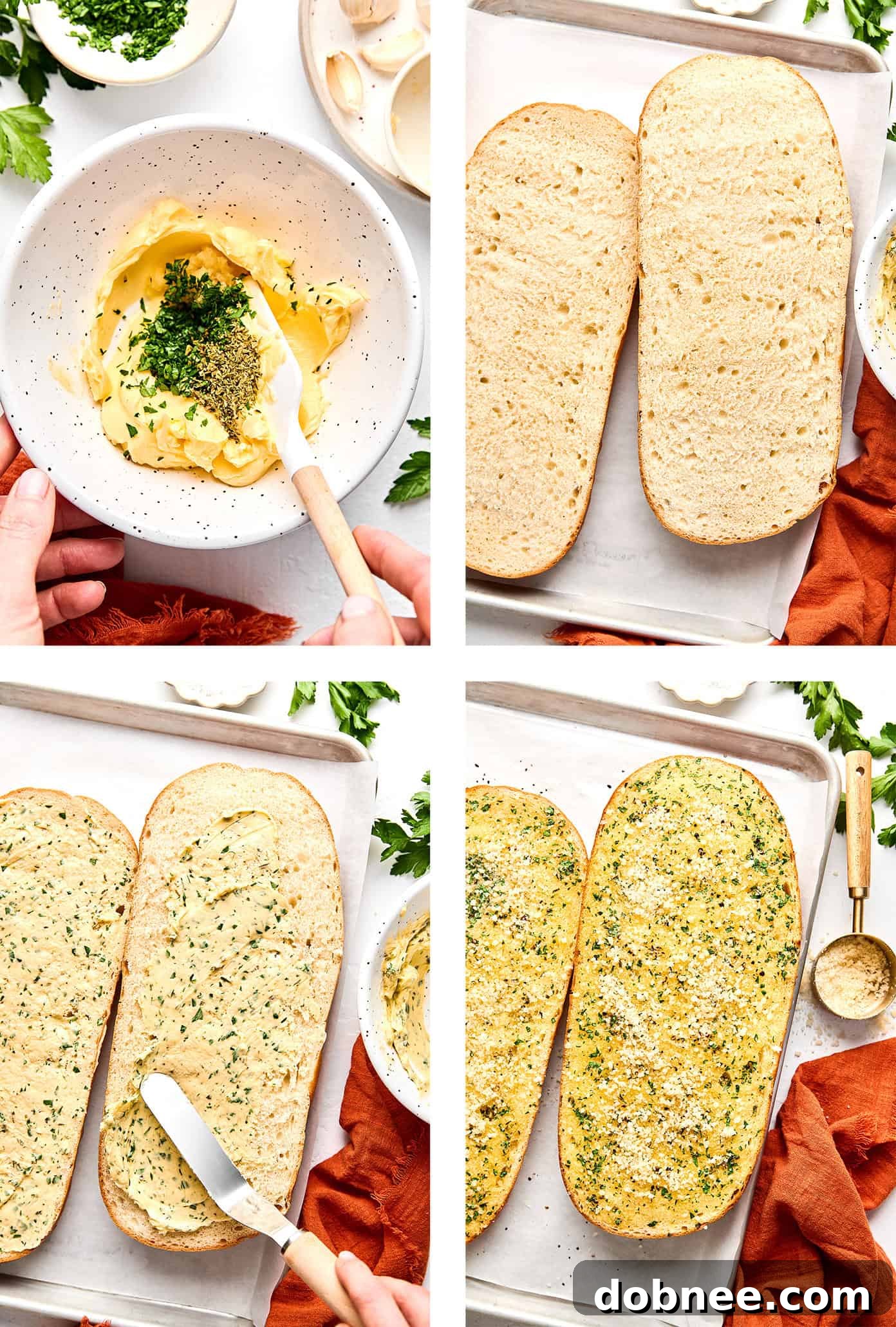 Close-up of baked garlic bread with melted cheese and herbs.