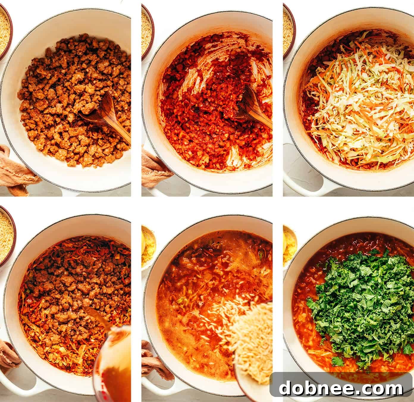 A close-up of Cabbage Sausage Orzo Soup in a bowl garnished with Parmesan cheese and fresh herbs.