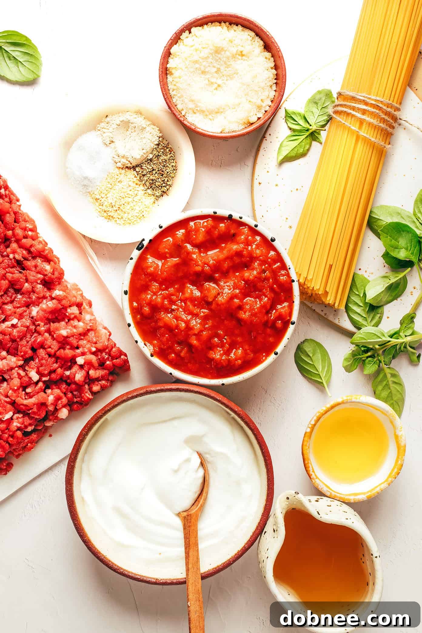 Serving of High Protein Instant Pot Spaghetti in a bowl with a fork