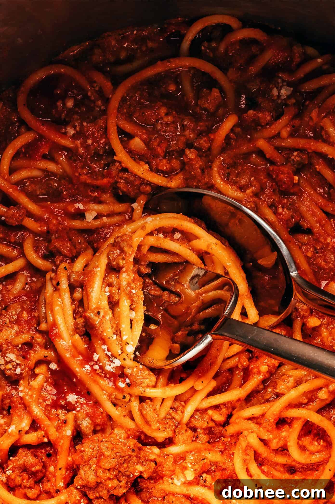 Close-up of High Protein Instant Pot Spaghetti with parsley garnish