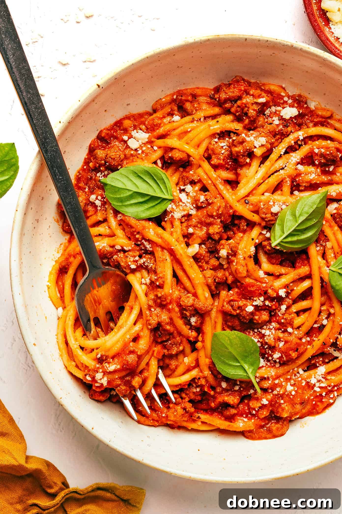 Large pot of High Protein Instant Pot Spaghetti ready to serve