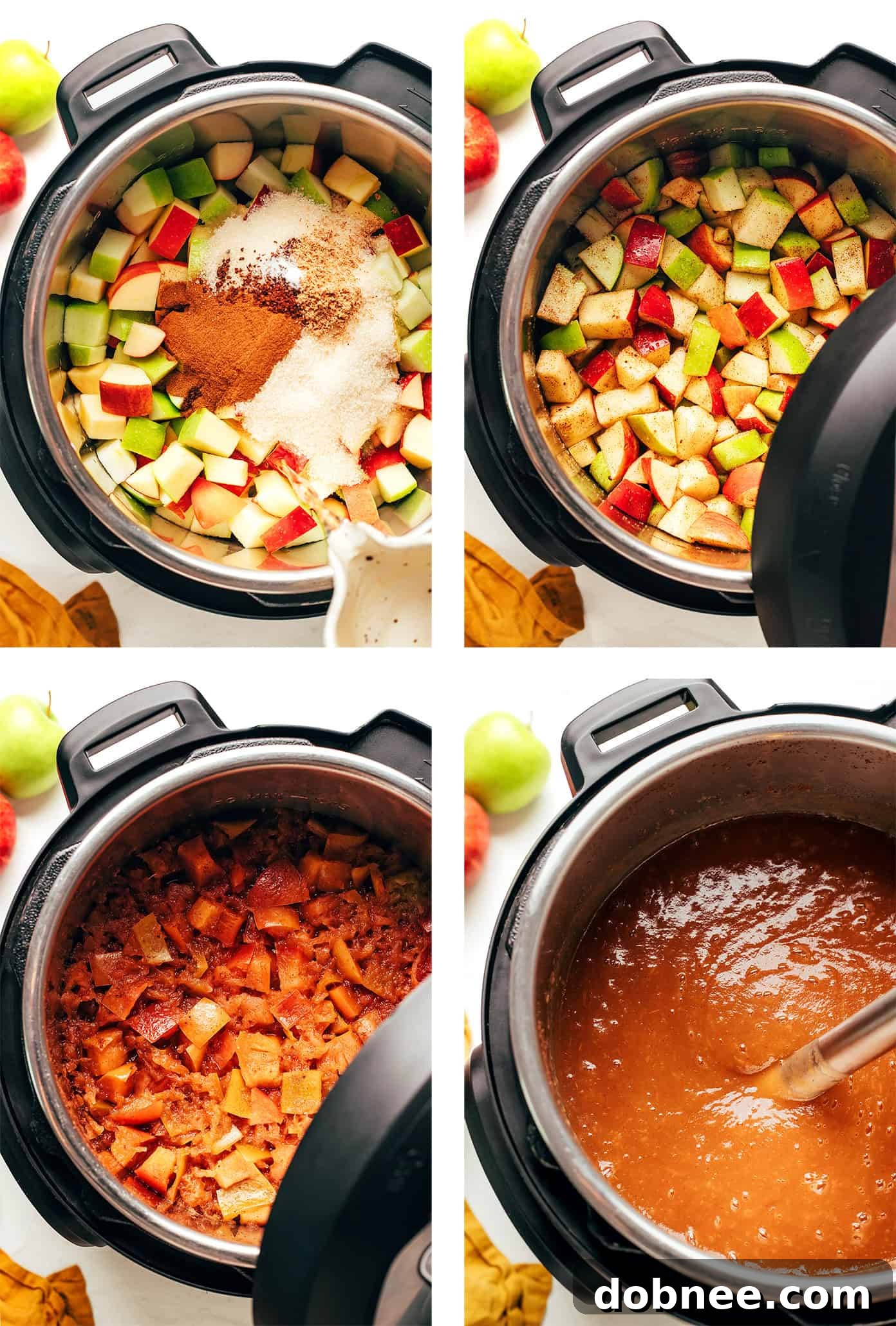 A jar of homemade apple butter on a wooden surface with fresh apples in the background.