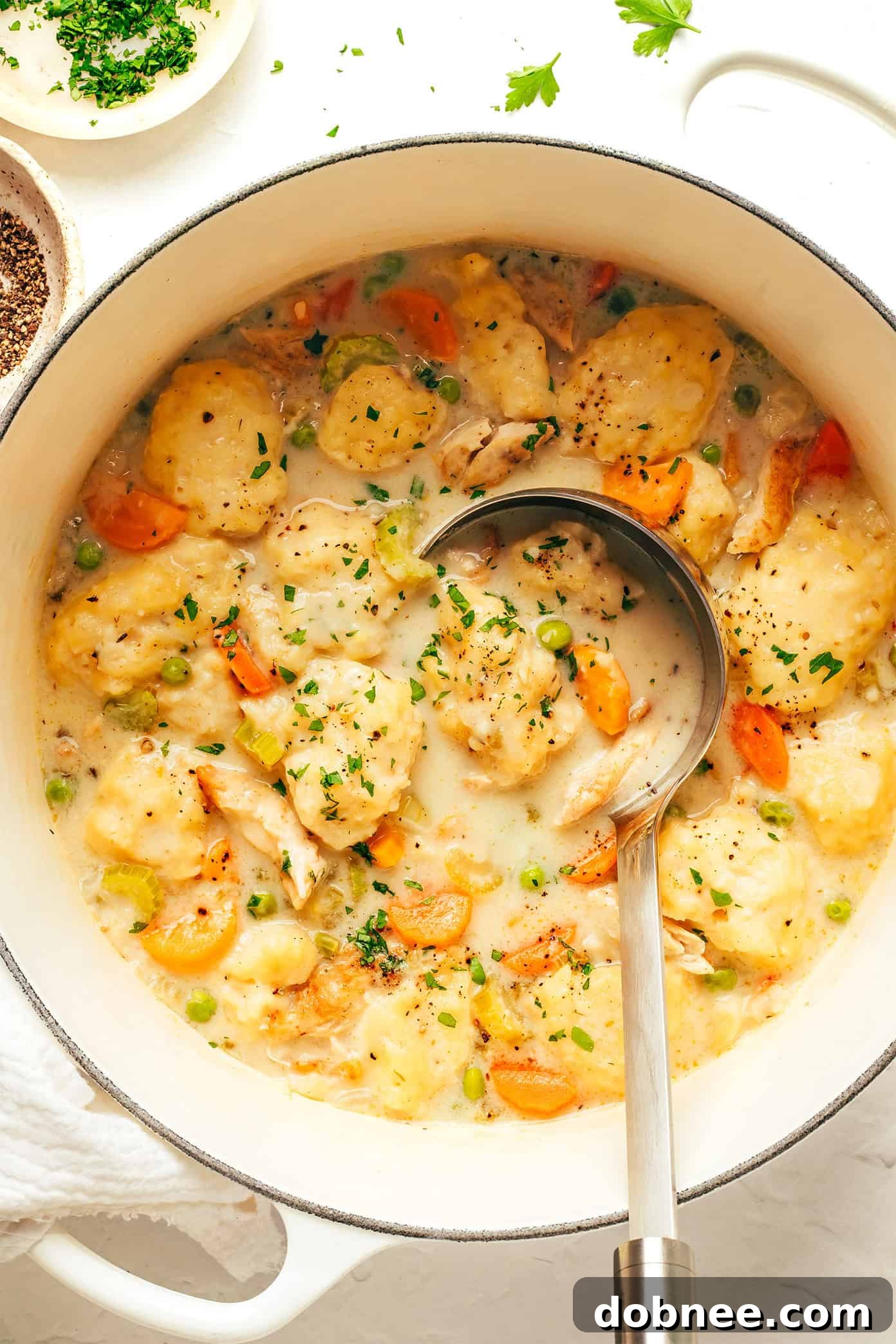 pot of chicken and dumplings