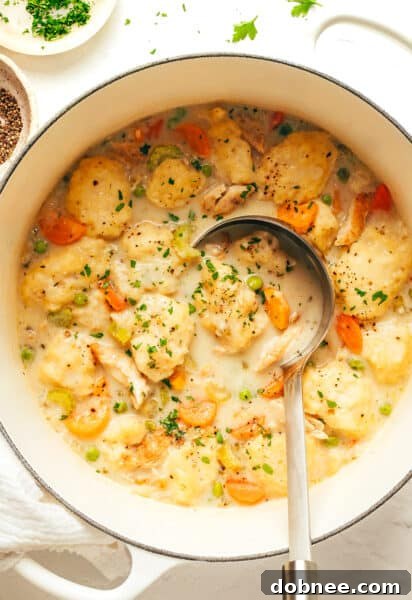Hearty bowl of chicken and dumplings with fresh parsley garnish.