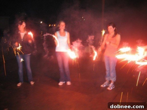 A nostalgic photo of a family enjoying sparklers in the dark, with light trails captured, circa 2008. Includes the author as a blonde.