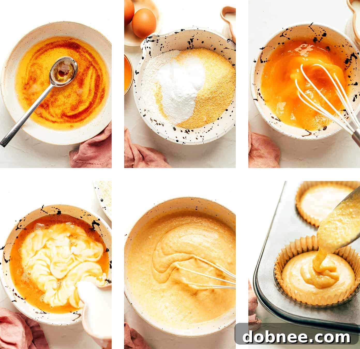 Step-by-step photos illustrating how to make perfect cornbread muffins.