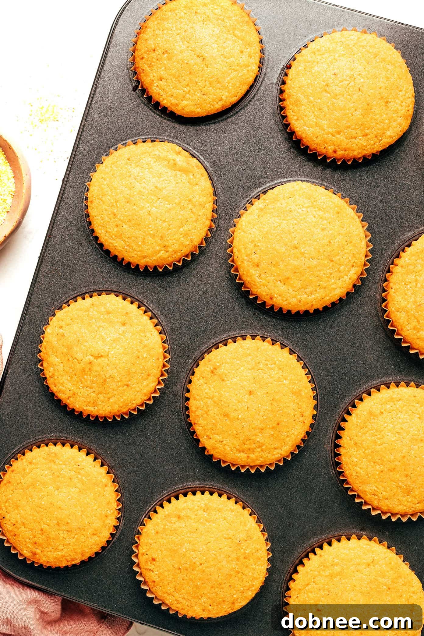 Freshly baked cornbread muffins cooling in a muffin pan.