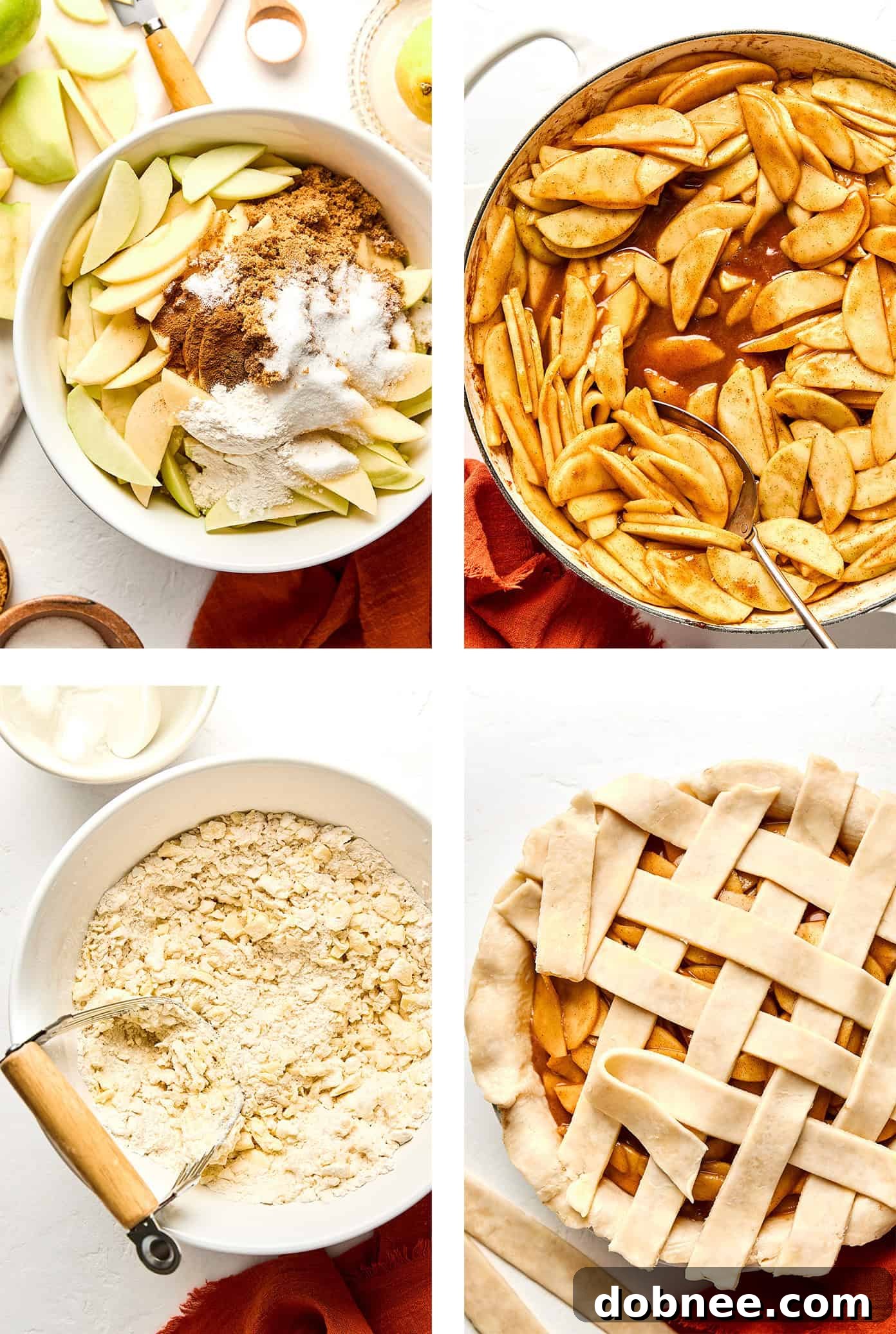 Step-by-step imagery showing the process of making apple pie, from rolling dough to arranging the filling.