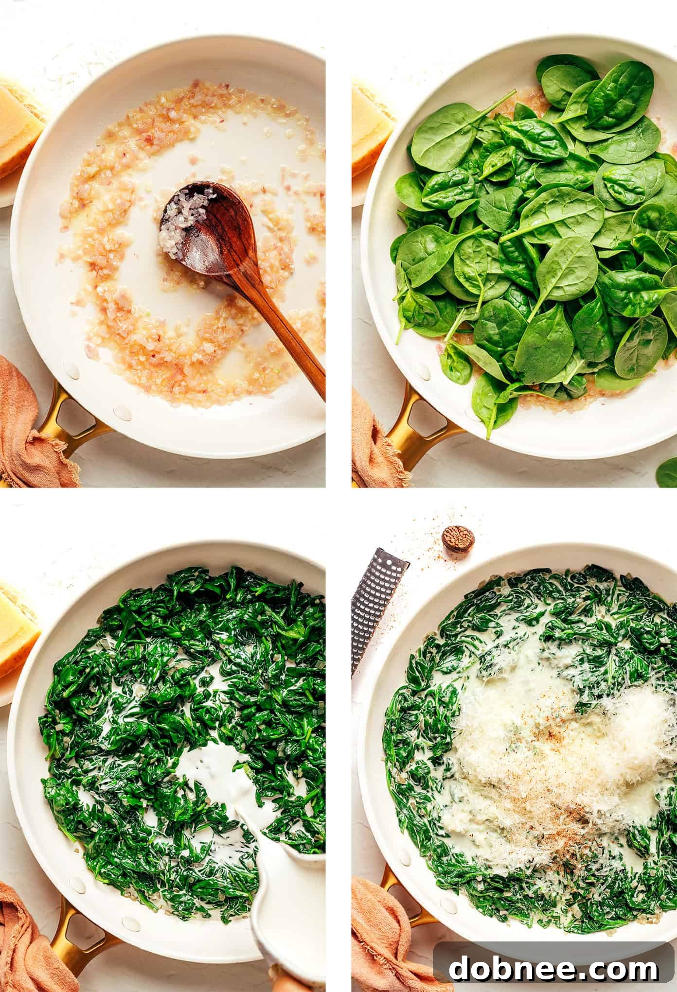 A close-up of creamed spinach in a skillet, showing its rich texture.