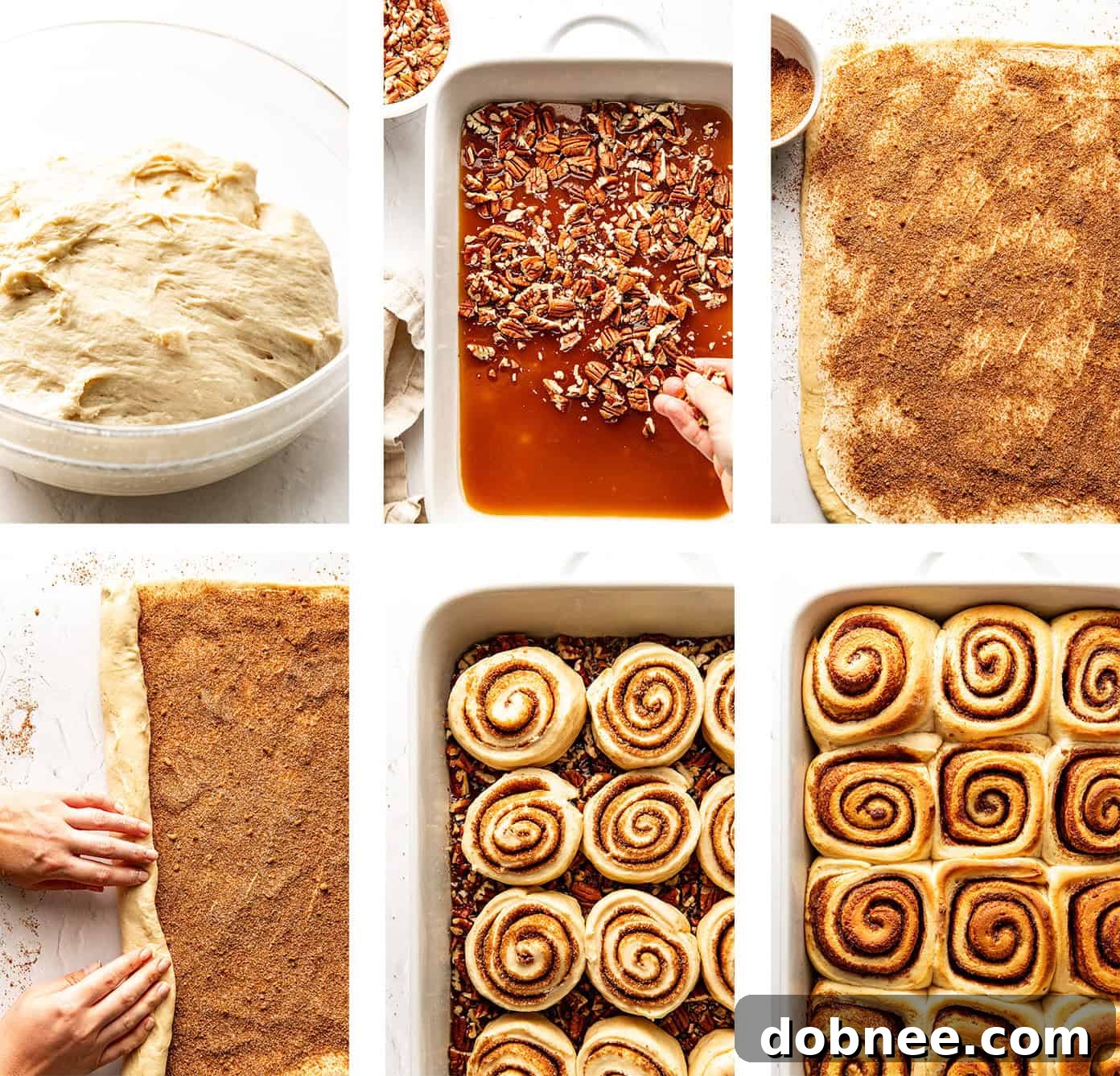 A freshly baked batch of sticky buns in a ceramic baking dish, warm and covered in a luscious caramel glaze with pecans