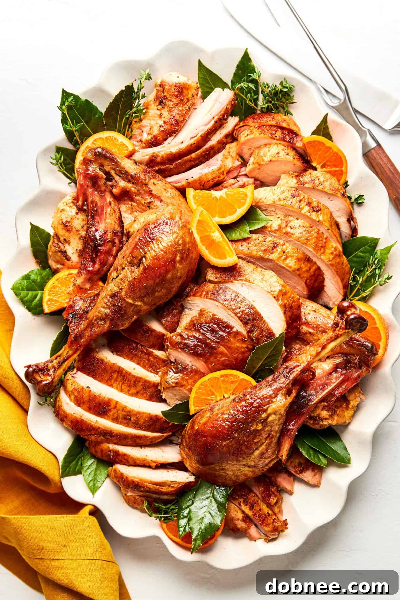 Carved turkey in slices on platter, ready to serve