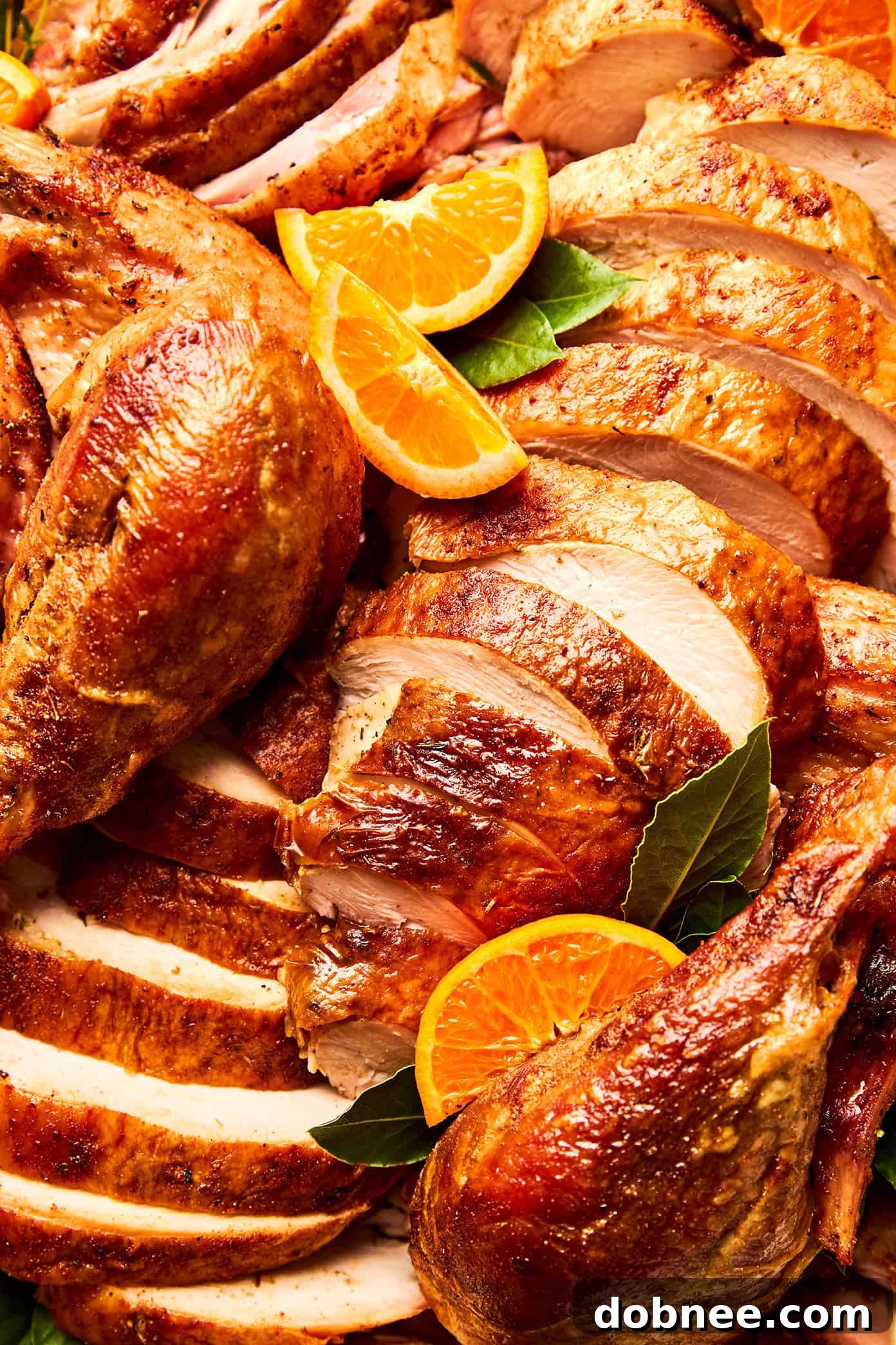 Carved roast turkey on platter, beautifully presented