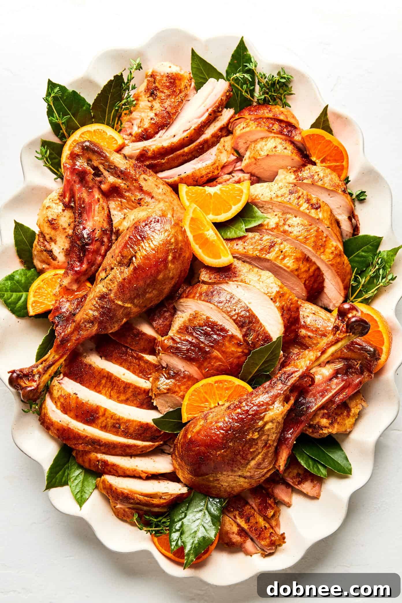 Carved roast turkey on platter with oranges and herbs