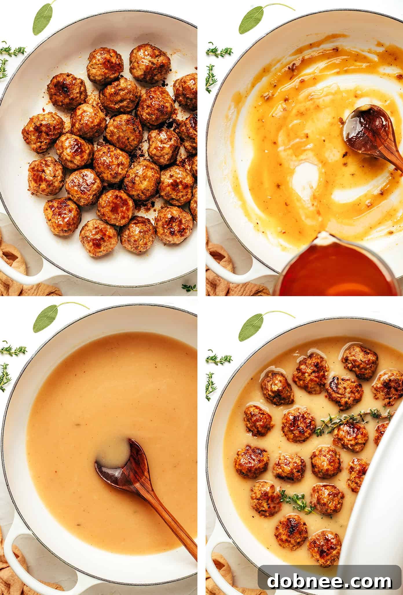 Golden brown turkey meatballs simmering in a thick, savory gravy in a cast-iron skillet.