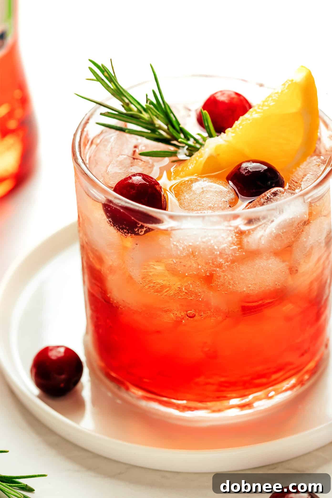 Vibrant Cranberry Aperol Spritz in a glass, garnished with fresh cranberries, orange slice, and rosemary.