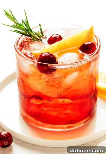 Close-up of a Cranberry Aperol Spritz, showing its inviting red hue and sparkling bubbles.