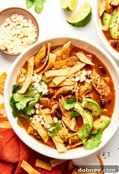 A bowl of delicious Turkey Tortilla Soup ready to be customized with toppings.