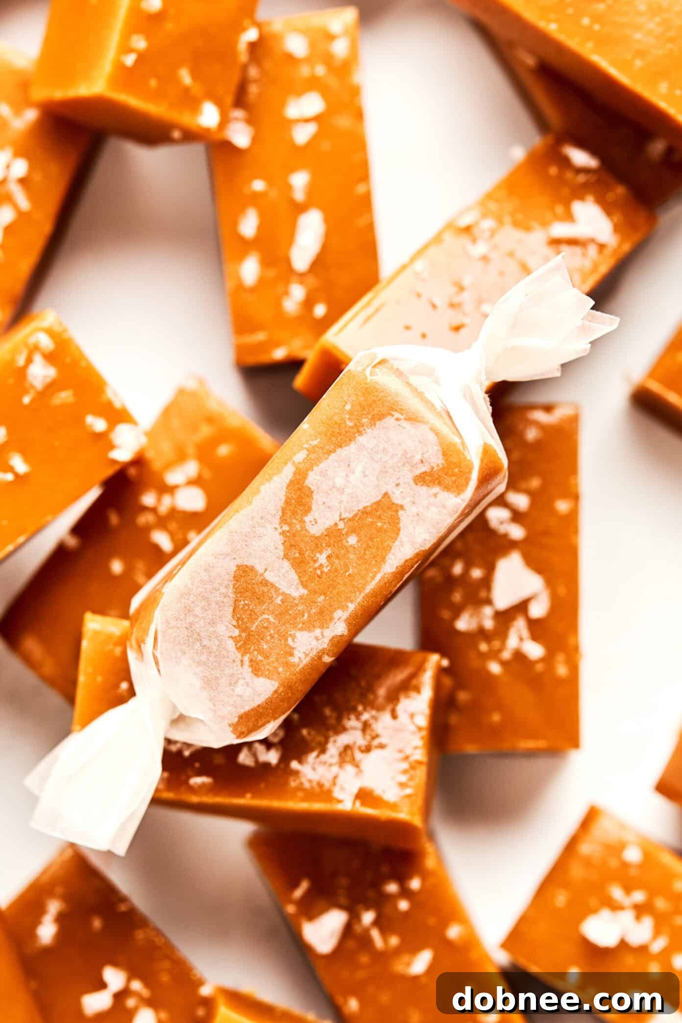 Sweet Salty Perfection 9 A stack of perfectly cut and wrapped salted caramels