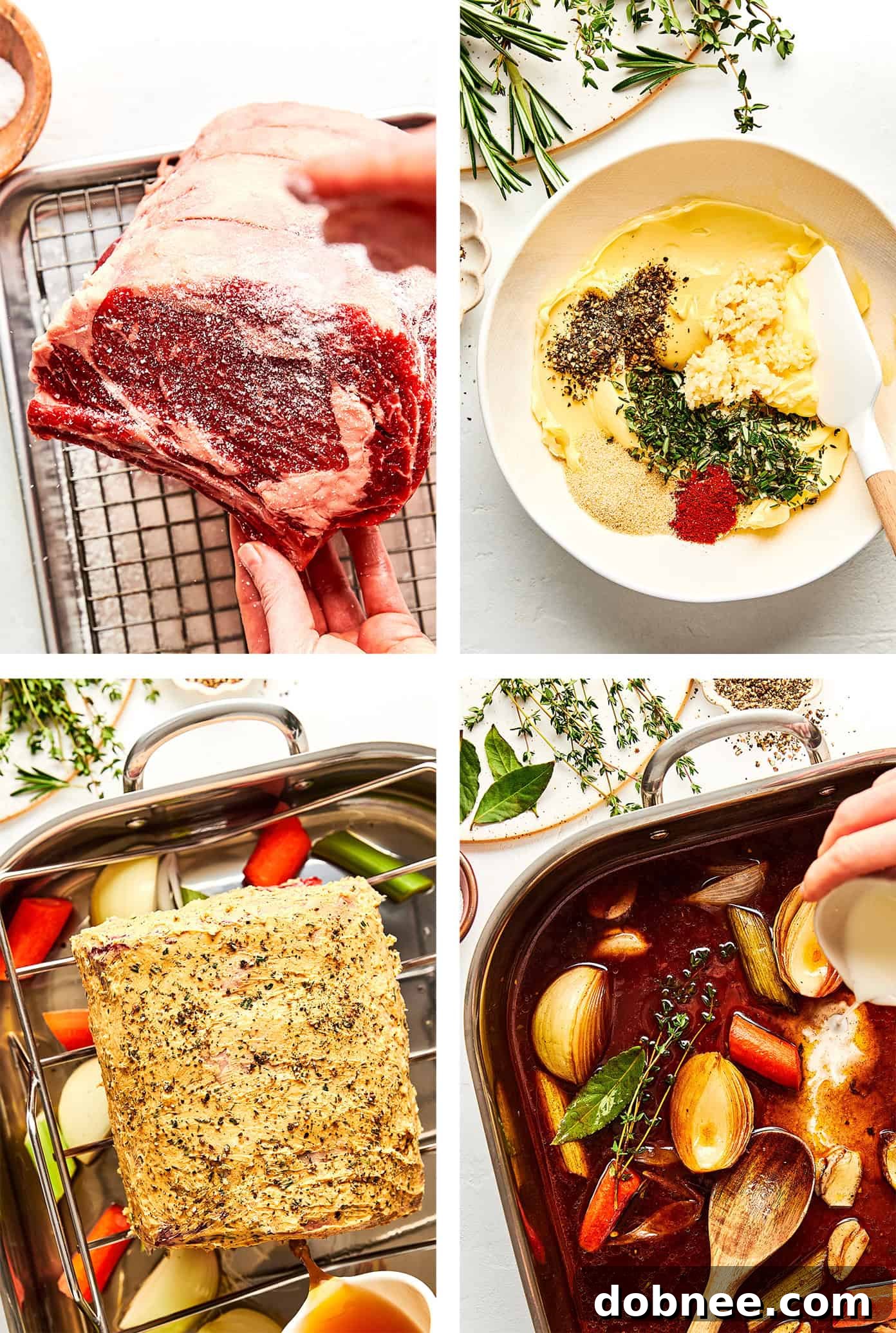 A beautifully seared prime rib with a perfect golden-brown crust, resting on a cutting board after cooking.