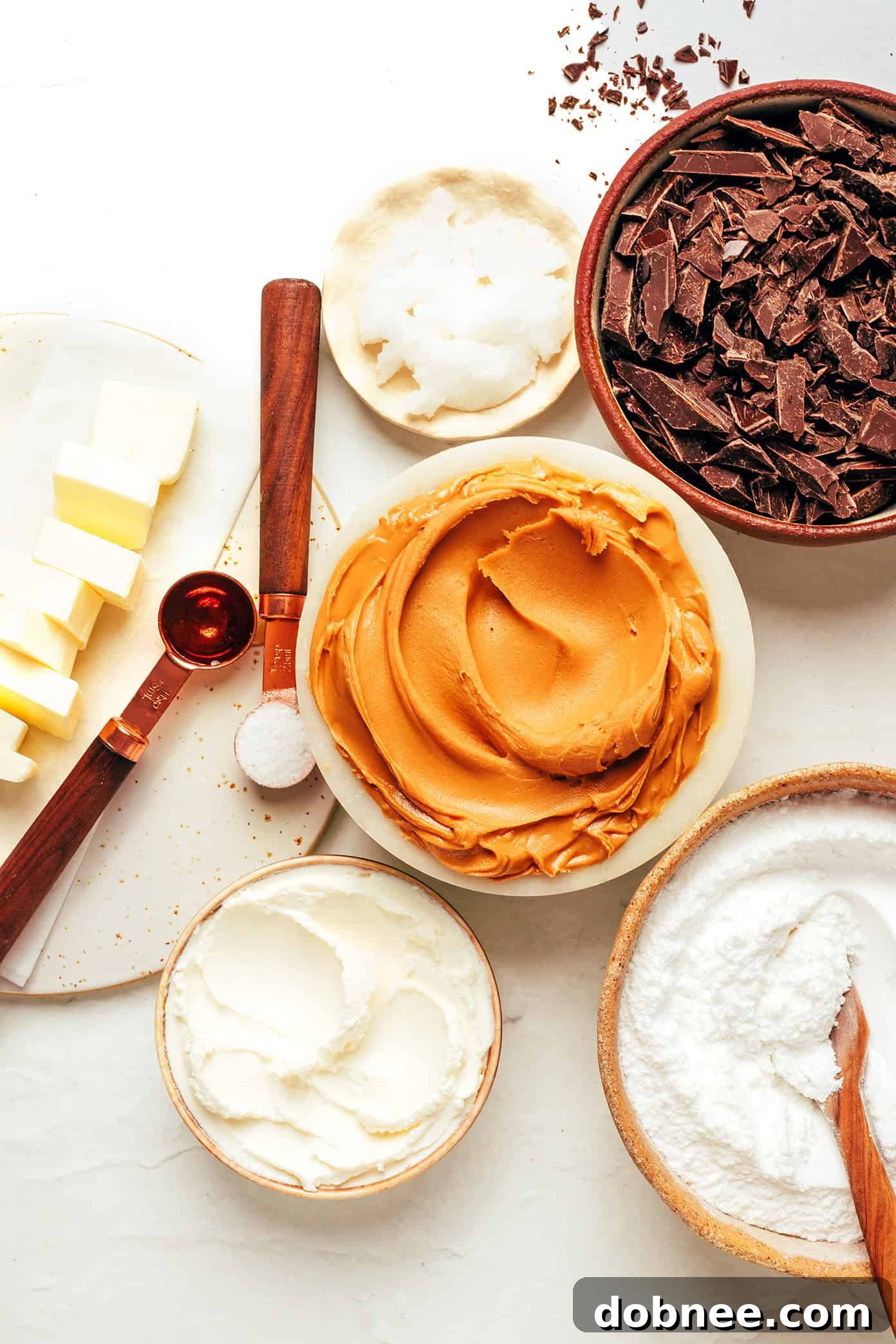 All the ingredients laid out for making buckeyes, highlighting the quality and simplicity.