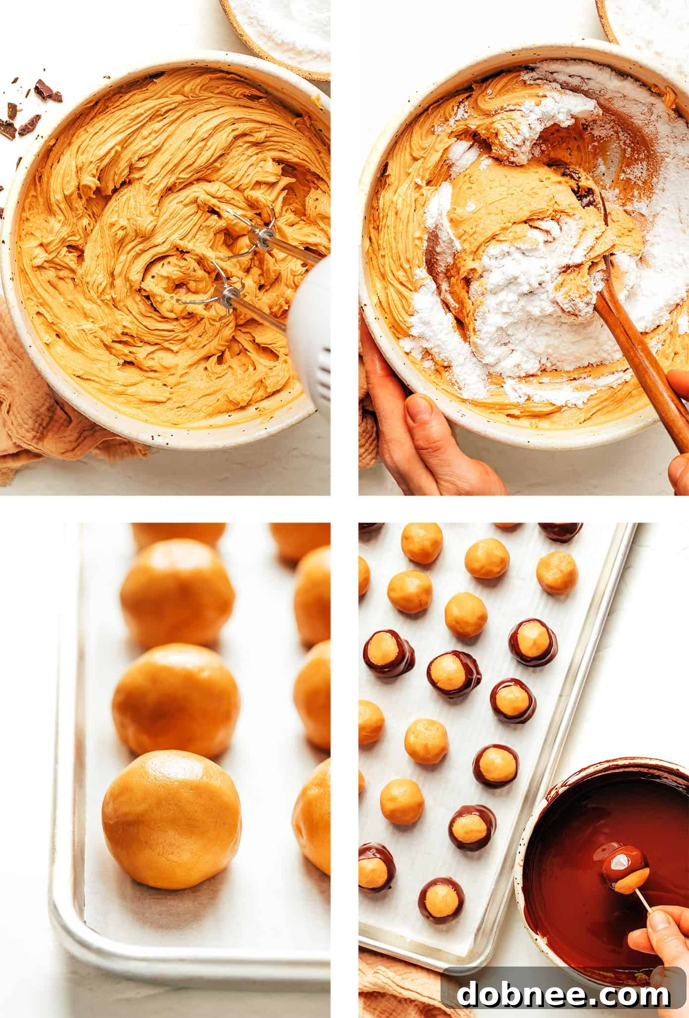 Step-by-step process of making buckeyes, from rolling the peanut butter mixture to dipping in chocolate.