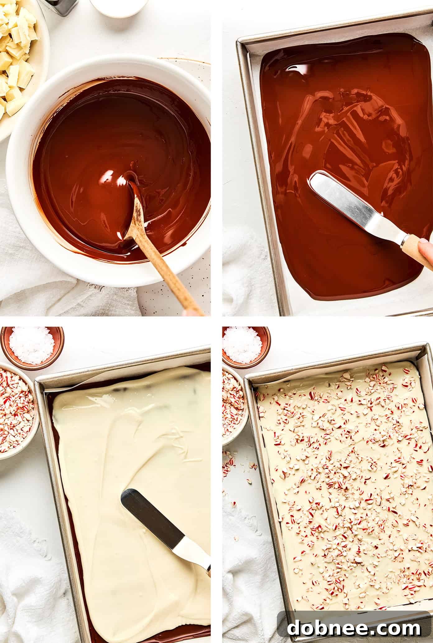 Festive Mint Chocolate Crunch 5 Step-by-step images showing how to make peppermint bark, from melting chocolate to spreading layers.