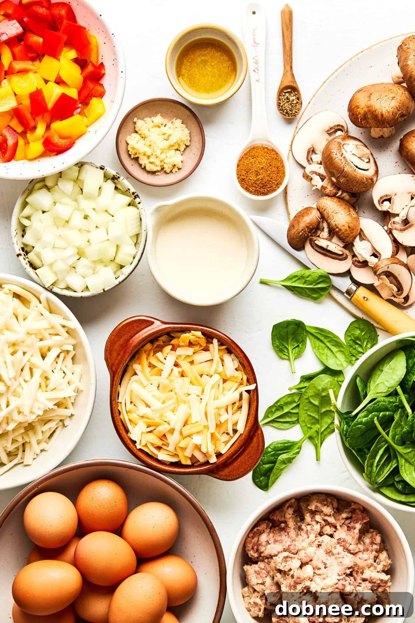 A large pan of freshly baked breakfast casserole, golden brown and bubbly.