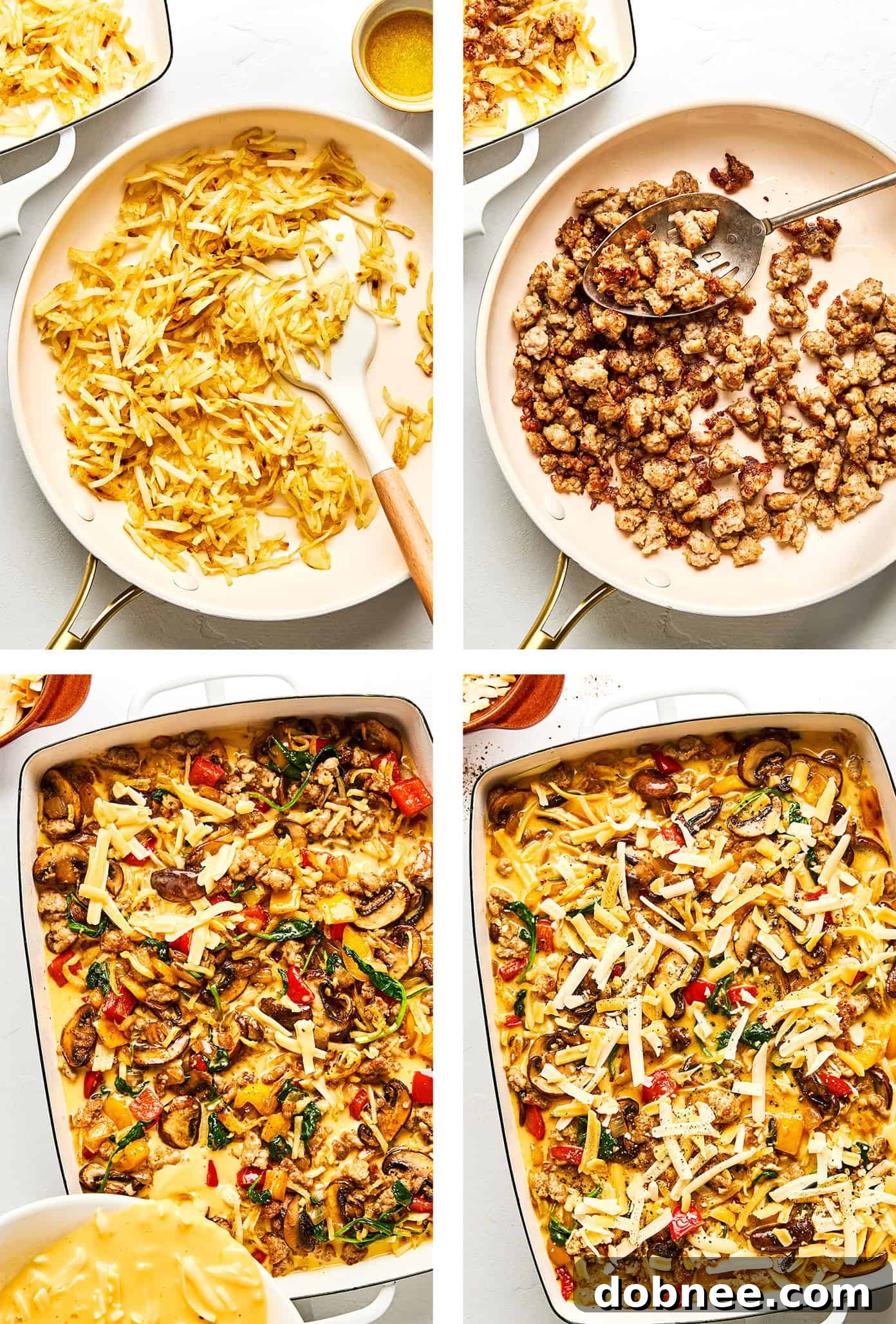 Close-up of the crispy hash brown layer within the breakfast casserole.