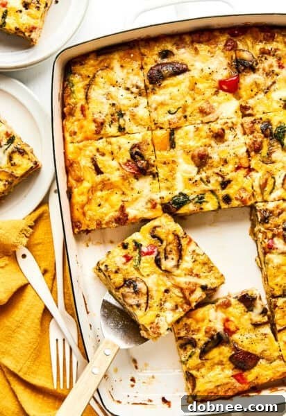 Beautifully baked breakfast casserole with a golden top.