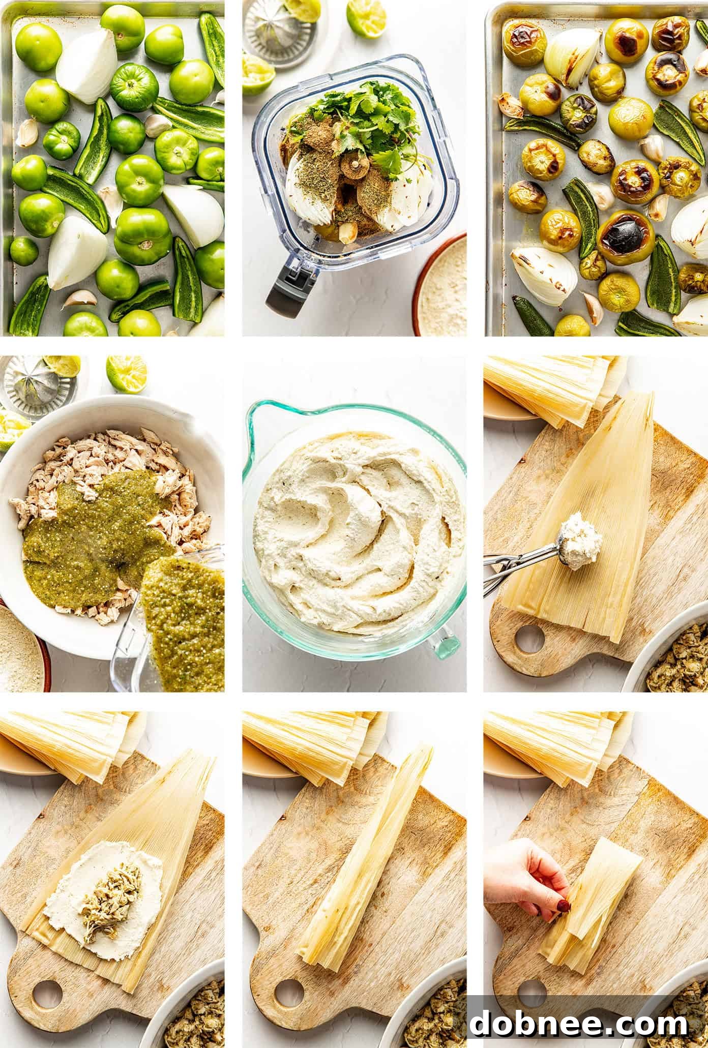 Green Chile Chicken Tamales 5 Hands spreading masa onto a corn husk for tamale assembly