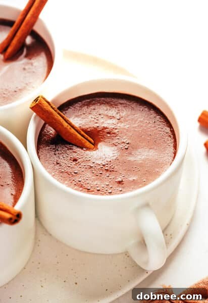 Delicious Mexican Hot Chocolate in a mug, garnished with a cinnamon stick, ready to be served.