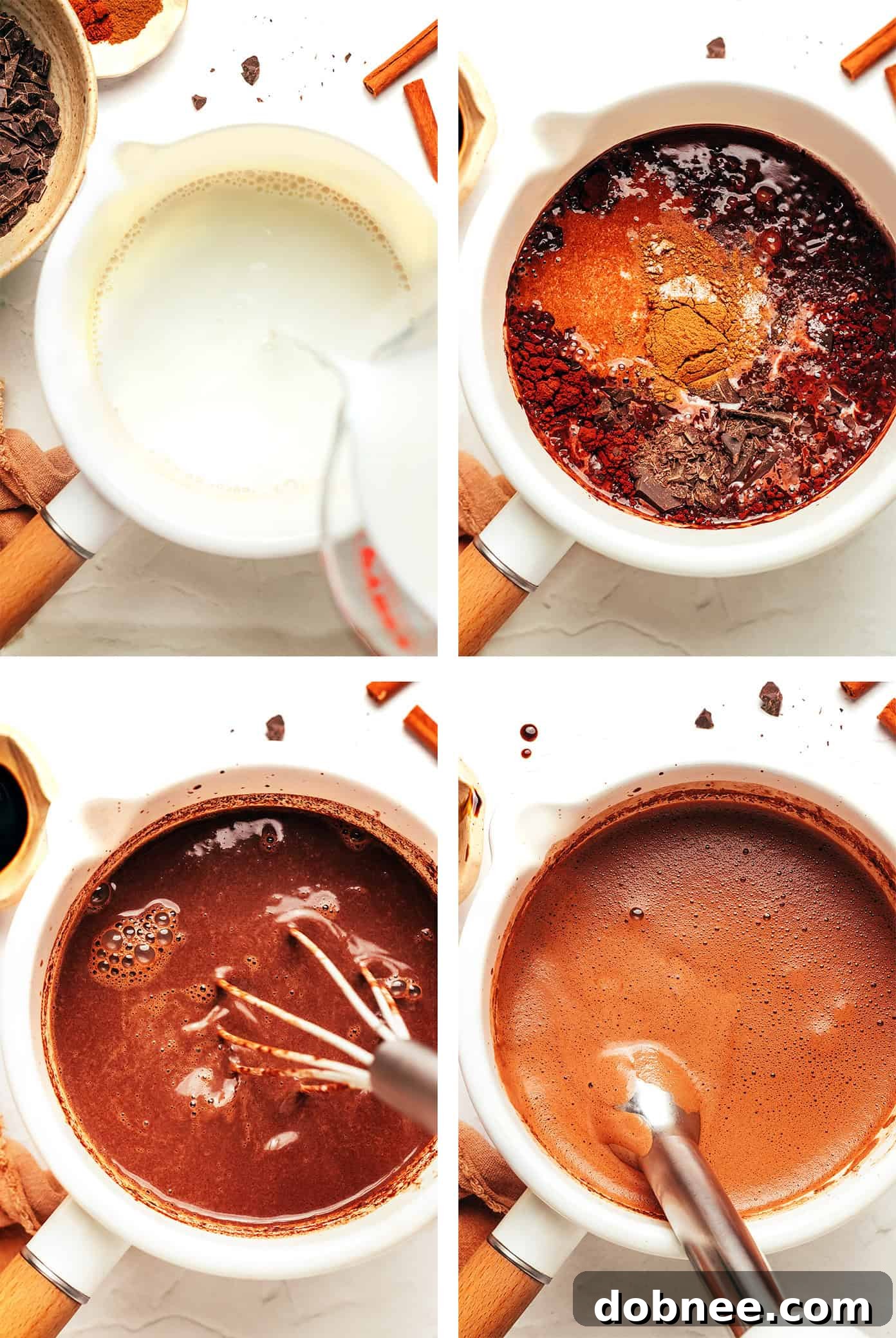 A person stirring a pot of rich, dark Mexican Hot Chocolate on a stovetop with a whisk, showcasing the creamy texture of the beverage.