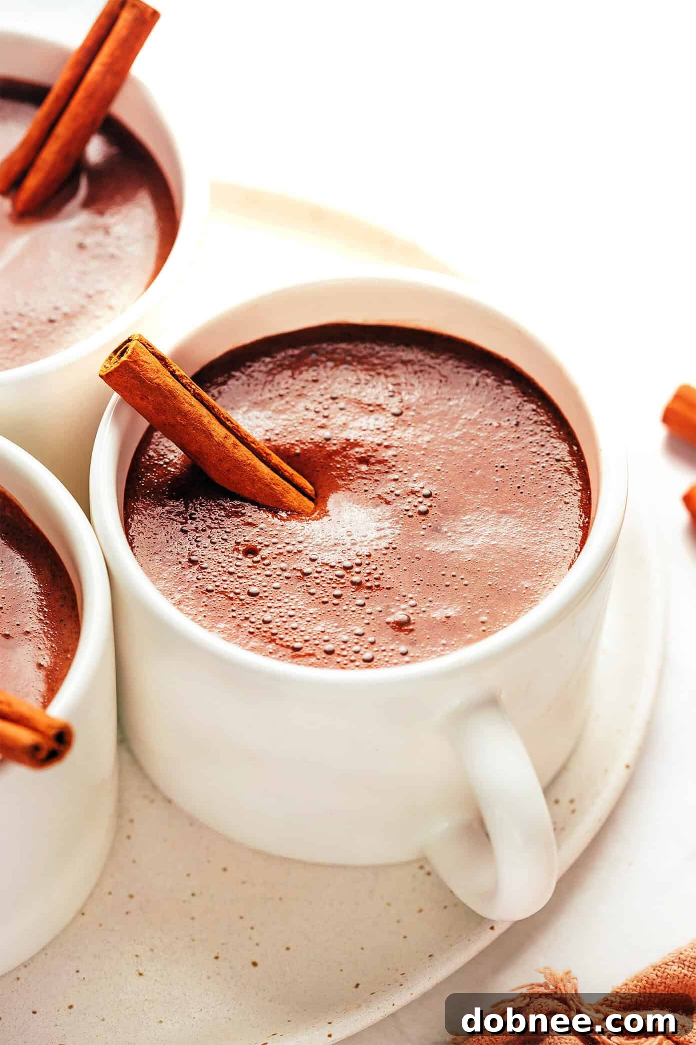 An inviting overhead shot of two mugs of Mexican Hot Chocolate, garnished with cinnamon sticks and chocolate shavings, placed on a rustic wooden table with scattered spices.