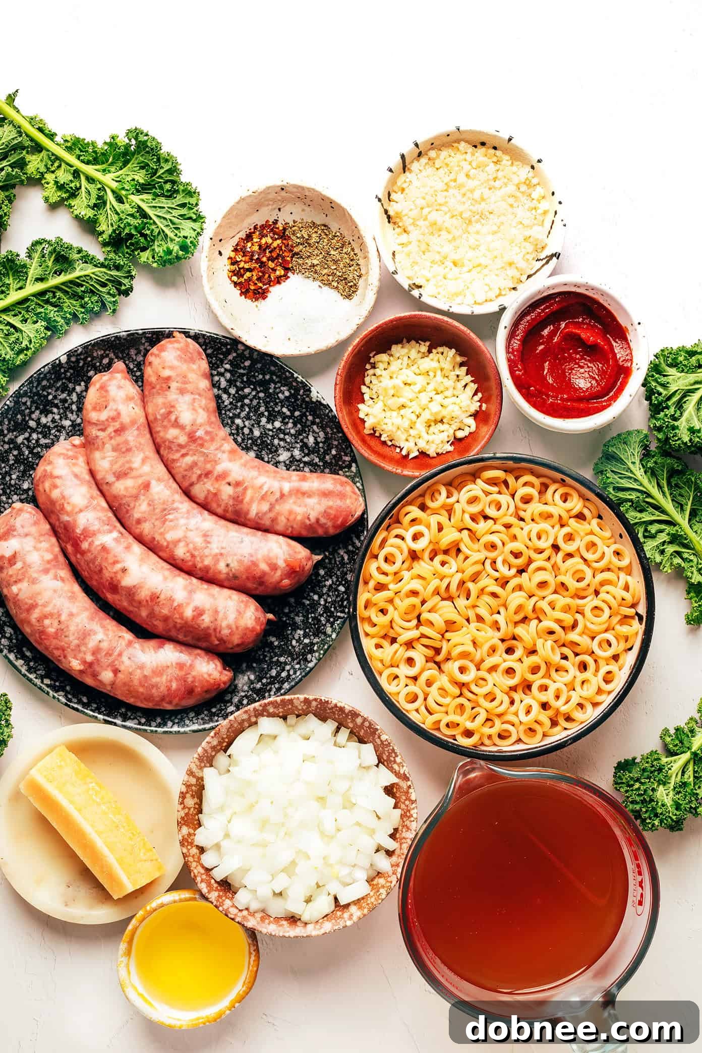 Fresh ingredients for SpaghettiOs and Sausage Soup, including kale, tomatoes, and Italian sausage, on a white countertop.